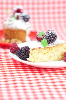 muffin with whipped cream, cake with icing, raspberry, blackberry and mint on a plate on plaid fabric