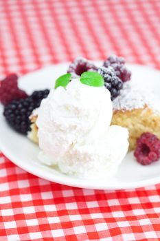 cake with icing,icecream, raspberry, blackberry and mint on a plate on plaid fabric