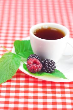 cup of tea,raspberry and  blackberry with leaves on plaid fabric