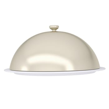 Glossy ceramic salver dish with an cover over it. Isolated render on a white background