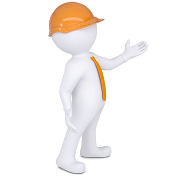 3d white man in helmet points hand. Isolated render on a white background