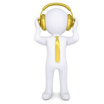 3d white man with the golden headphones. Isolated render on a white background