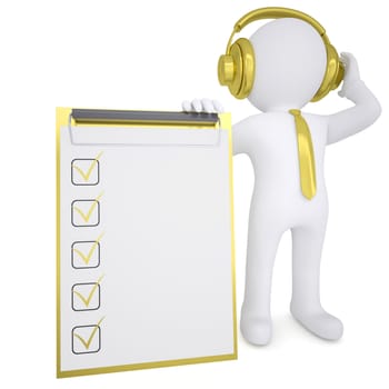 3d white man in gold headphones keeps checklist. Isolated render on a white background