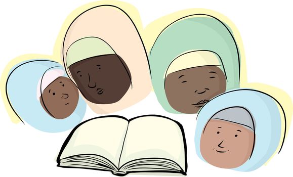 Group of four Muslim women around a book