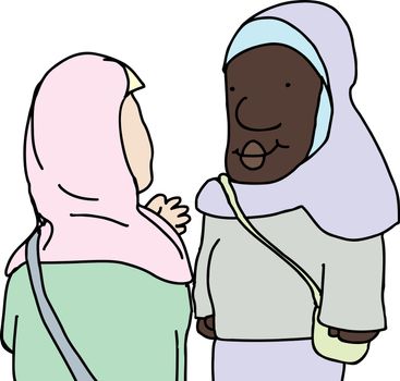 Illustration of Muslim women talking over isolated background