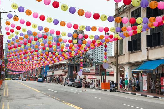 SINGAPORE - SEP 08: Chinatown street is decorated with colourful paper lanterns for Mid-Autumn festival on Sep 08, 2013 in Singapore. It is a traditional Chinese harvest celebration.