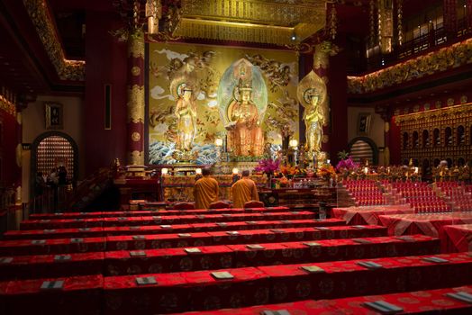 SINGAPORE - SEP 08: Buddha tooth relic temple and museum interior on Sep 08, 2013 in Singapore. Since opening in 2007, the temple has become a popular attraction within Chinatown.