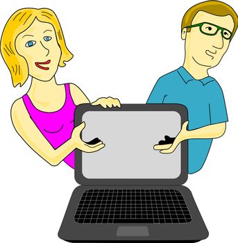 Couple presents computer or supposedly technological adverts on the computer screen, which can be added subsequently.  