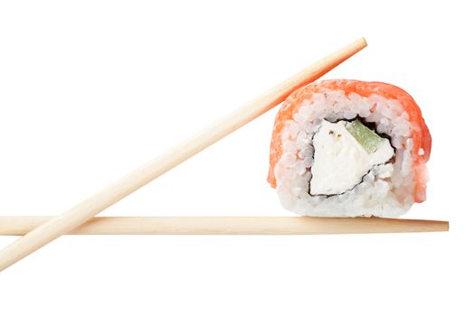 Close up top view of sushi isolated over white background