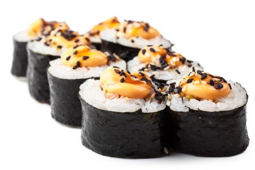 Close up view of sushi isolated over white background