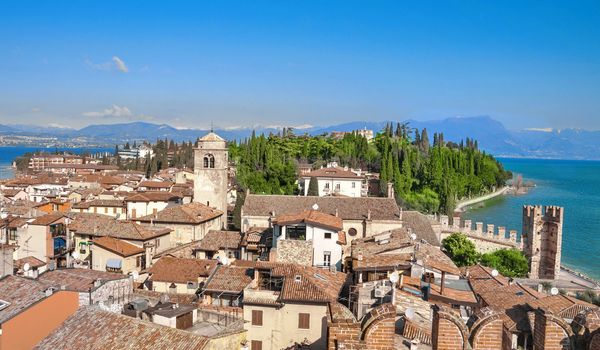 View of Sirmione roof houses on Garda Lake, Italy,