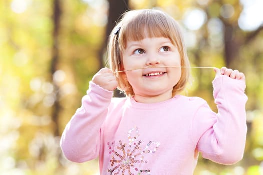 portrait of a beautiful little girl in the autumn forest