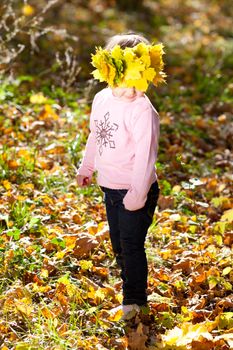 beautiful little girl in a wreath of maple leaves in autumn forest