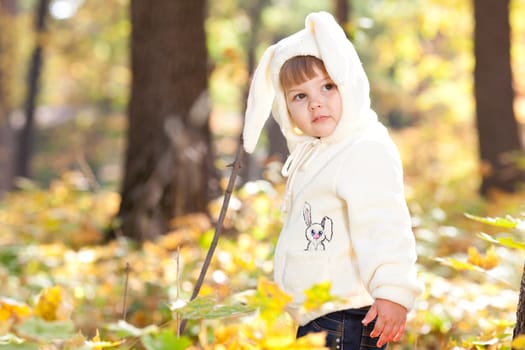 beautiful little girl in costume bunny in the autumn forest