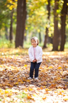 beautiful little girl throwing leaves  in the forest  