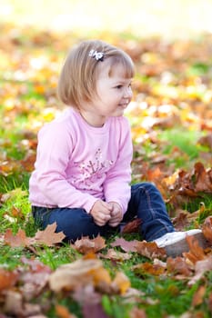 beautiful little girl sitting on the autumn leaves