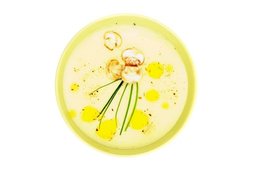 Mushroom Creamy Soup with Champignon and Greens in Yellow Bowl isolated on white background. Top View