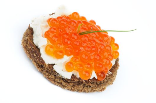 Snack with Delicious Red Caviar, Sour Cream, Spring Onion and Whole Wheat Bread isolated on white background