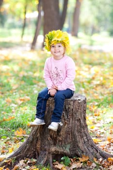 beautiful little girl in a wreath of maple leaves sitting on stump