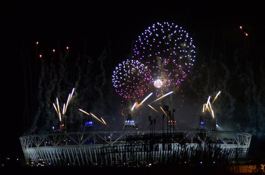 London � August 12: Fireworks over the Olympic Stadium to mark the closing ceremony of the 2012 Olympic Games In London  August 12th, 2012 in London, England.