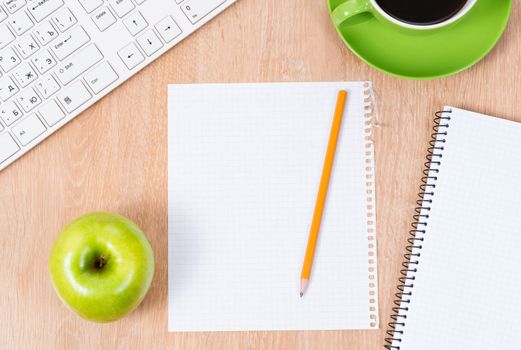 pc keyboard, pencil, coffee and notepad, workplace businessman