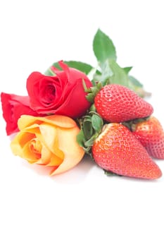 bouquet of colorful roses and strawberry isolated on white