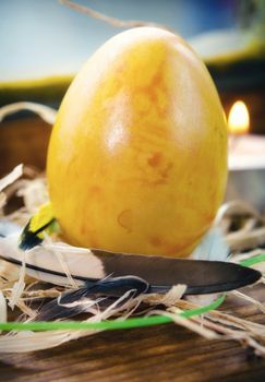 Yellow easter egg sitting on feathers