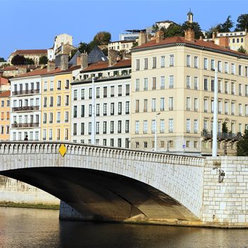famous ancient bridge on the Saone river in Lyon city