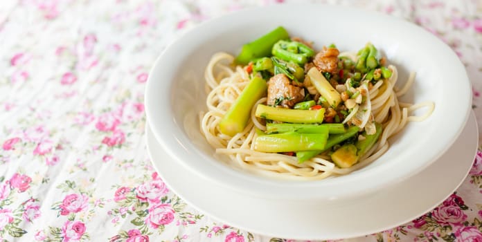 Spaghetti Fried with Kale and dried salted fish thai food