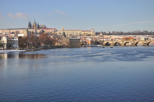 This is famous panorama from Prague - Hradcany and Prague Castle in winter, under snow.