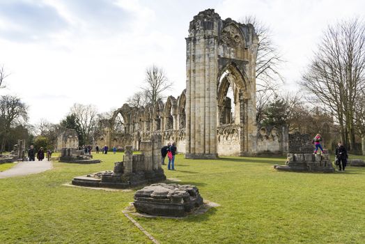 YORK, UK - MARCH 30: Ruins of Saint Mary's Abbey. Its construction started in 1086, and it was taken apart during the dissolution of the monasteries in 1539. March 30, 2013 in York.