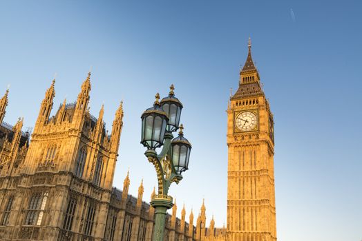 North face of Big Ben with Houses of Parliament, in London, UK