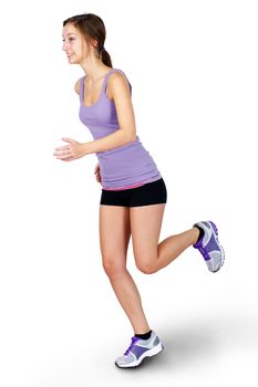 Full body shot of a young woman jogging on white background.