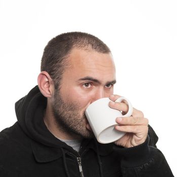 lonely man drinking tea on white background