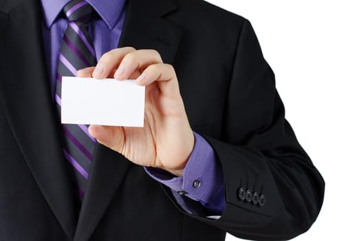 Man hand holding blank business card