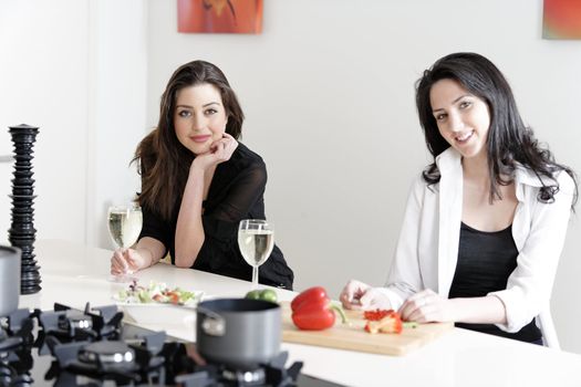 Two friends in a kitchen catching up preparing dinner.