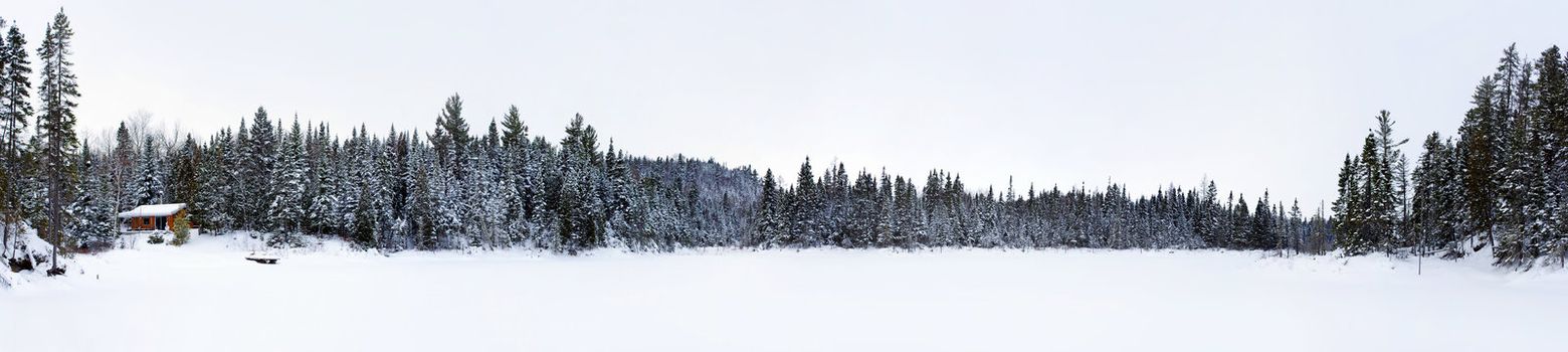 XXXL panorama of a log cabin by a frozen lake, with the forest full of coniferous trees covered in thick snow, low light conditions typical of Northern climates, great season landscape.
