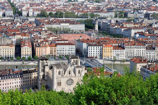 aerial view of Lyon city in summer, France