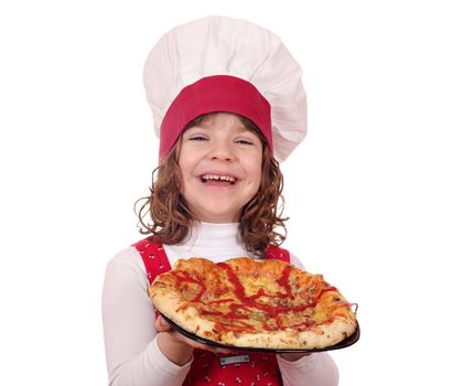 happy little girl cook with pizza on white 