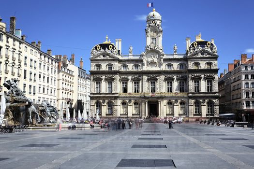 famous Terreaux square in Lyon city, France