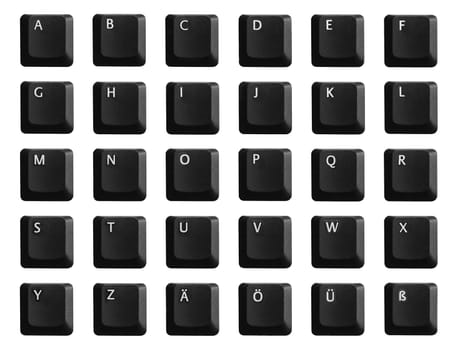 An alphabet taken from the keys of a black keyboard. German Umlaute included. Clipping path included.