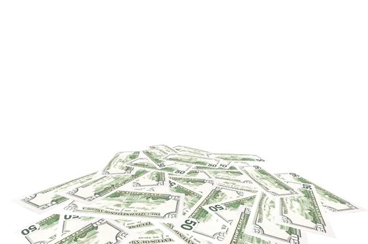 A stack of fifty 50 dollar bills fanned out with the back US Capitol showing on a white background