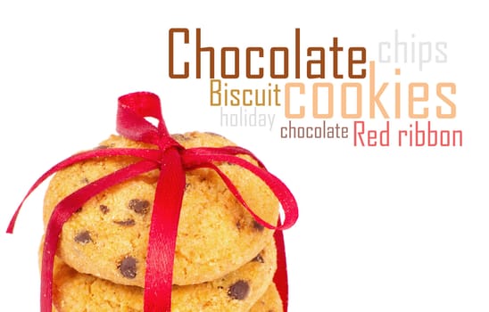 Chocolate chips cookies with red ribbon isolated on white