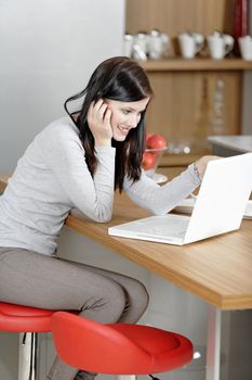 Attractive young woman in her elegant kitchen taking a break with her laptop