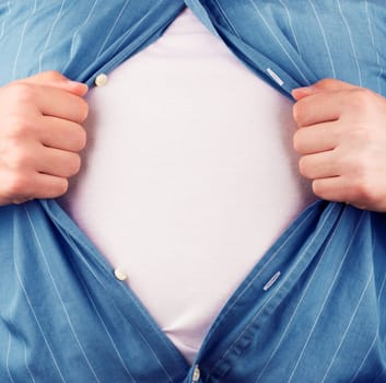 Cropped view of frustrated business man tearing off his shirt