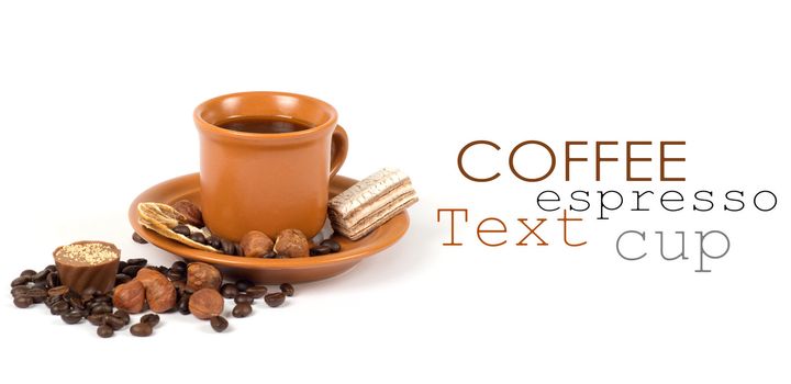 Cup of coffee with ingredients on a white background