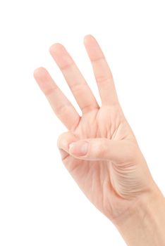 Female hands counting number three isolated on white