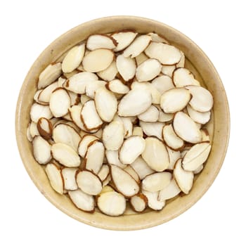 raw sliced almond nuts in a small ceramic bowl isolated on white, top view