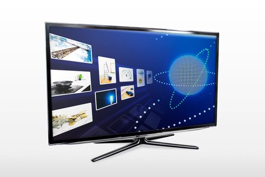 Glossy widescreen high definition tv screen with streaming video gallery. TV and internet concept.