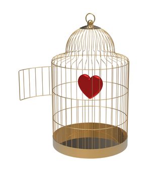 Bird cage with heart, isolated on white, 3d render